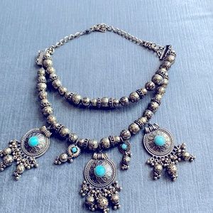 Anthropologie Statement necklace white metal blue stone